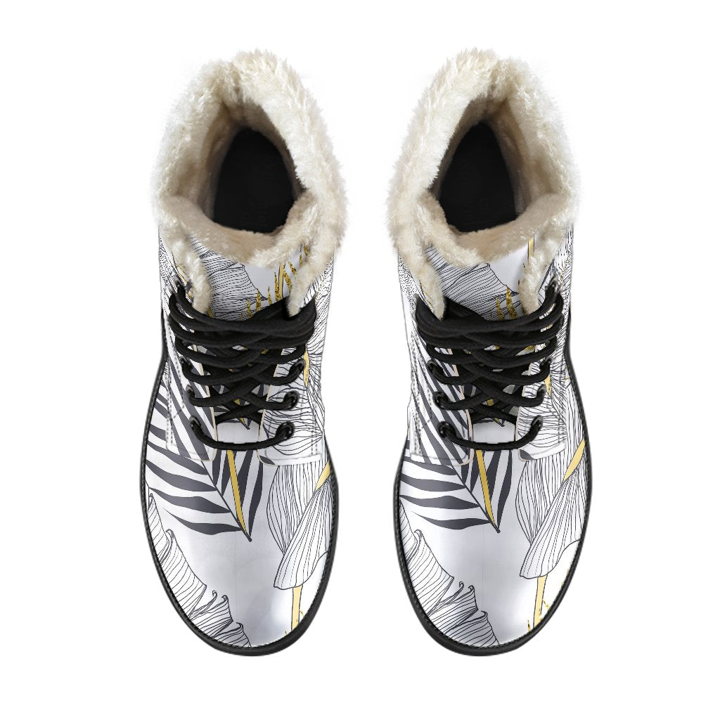 Gold Glitter Tropical Palm Leaves Faux Fur Leather Boots-JTAMIGO.COM