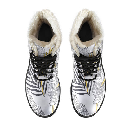 Gold Glitter Tropical Palm Leaves Faux Fur Leather Boots-JTAMIGO.COM
