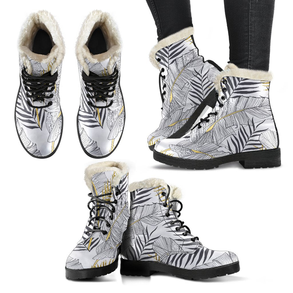 Gold Glitter Tropical Palm Leaves Faux Fur Leather Boots-JTAMIGO.COM