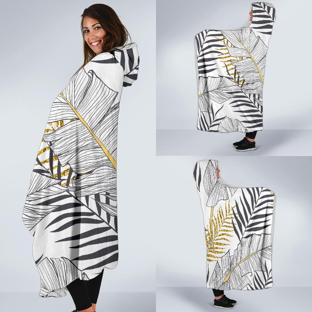 Gold Glitter Tropical Palm Leaves Hooded Blanket-JTAMIGO.COM