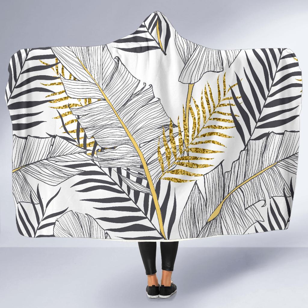 Gold Glitter Tropical Palm Leaves Hooded Blanket-JTAMIGO.COM