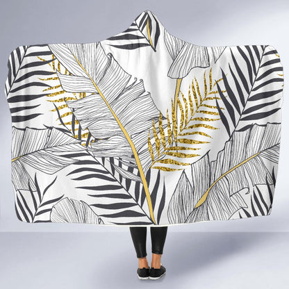 Gold Glitter Tropical Palm Leaves Hooded Blanket-JTAMIGO.COM