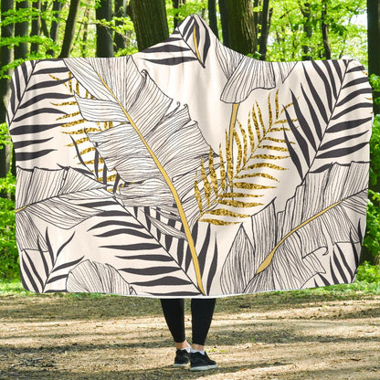 Gold Glitter Tropical Palm Leaves Hooded Blanket-JTAMIGO.COM