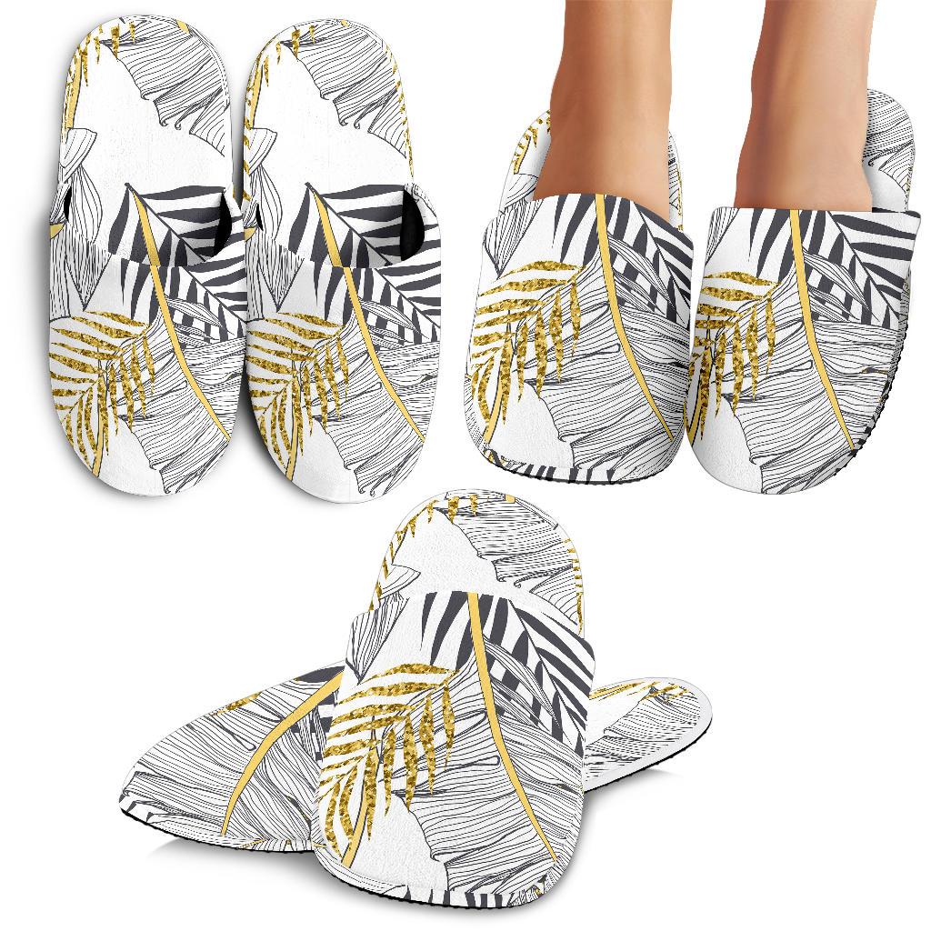 Gold Glitter Tropical Palm Leaves House Slippers