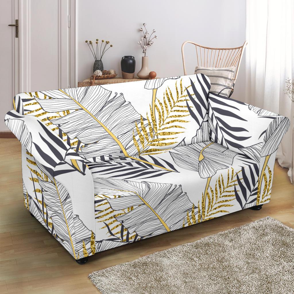 Gold Glitter Tropical Palm Leaves Loveseat Slipcover-JTAMIGO.COM