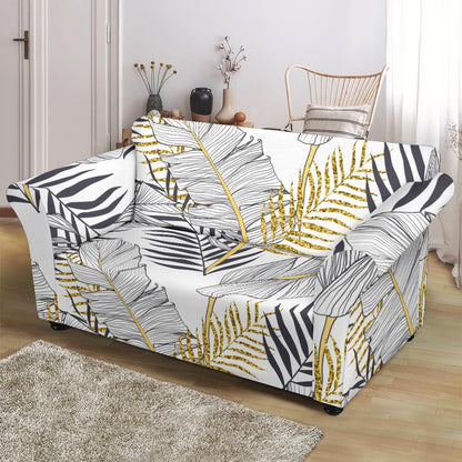 Gold Glitter Tropical Palm Leaves Loveseat Slipcover-JTAMIGO.COM