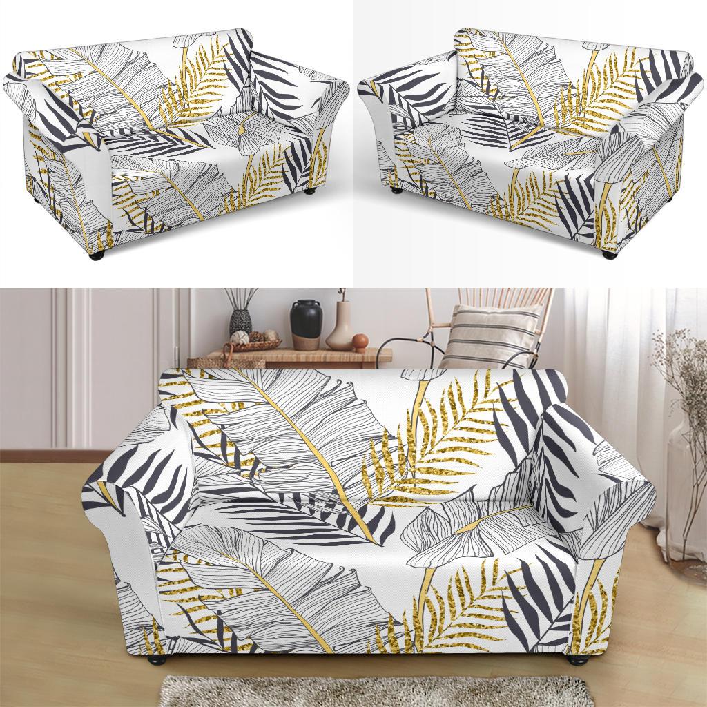 Gold Glitter Tropical Palm Leaves Loveseat Slipcover-JTAMIGO.COM