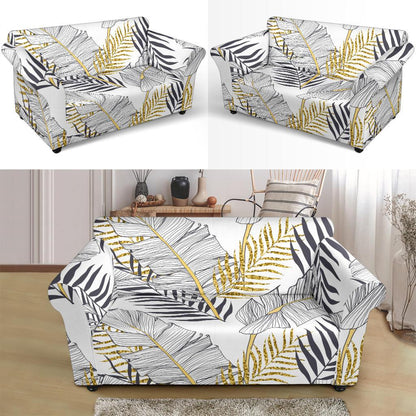 Gold Glitter Tropical Palm Leaves Loveseat Slipcover-JTAMIGO.COM