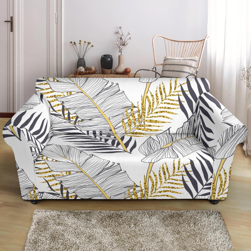 Gold Glitter Tropical Palm Leaves Loveseat Slipcover-JTAMIGO.COM