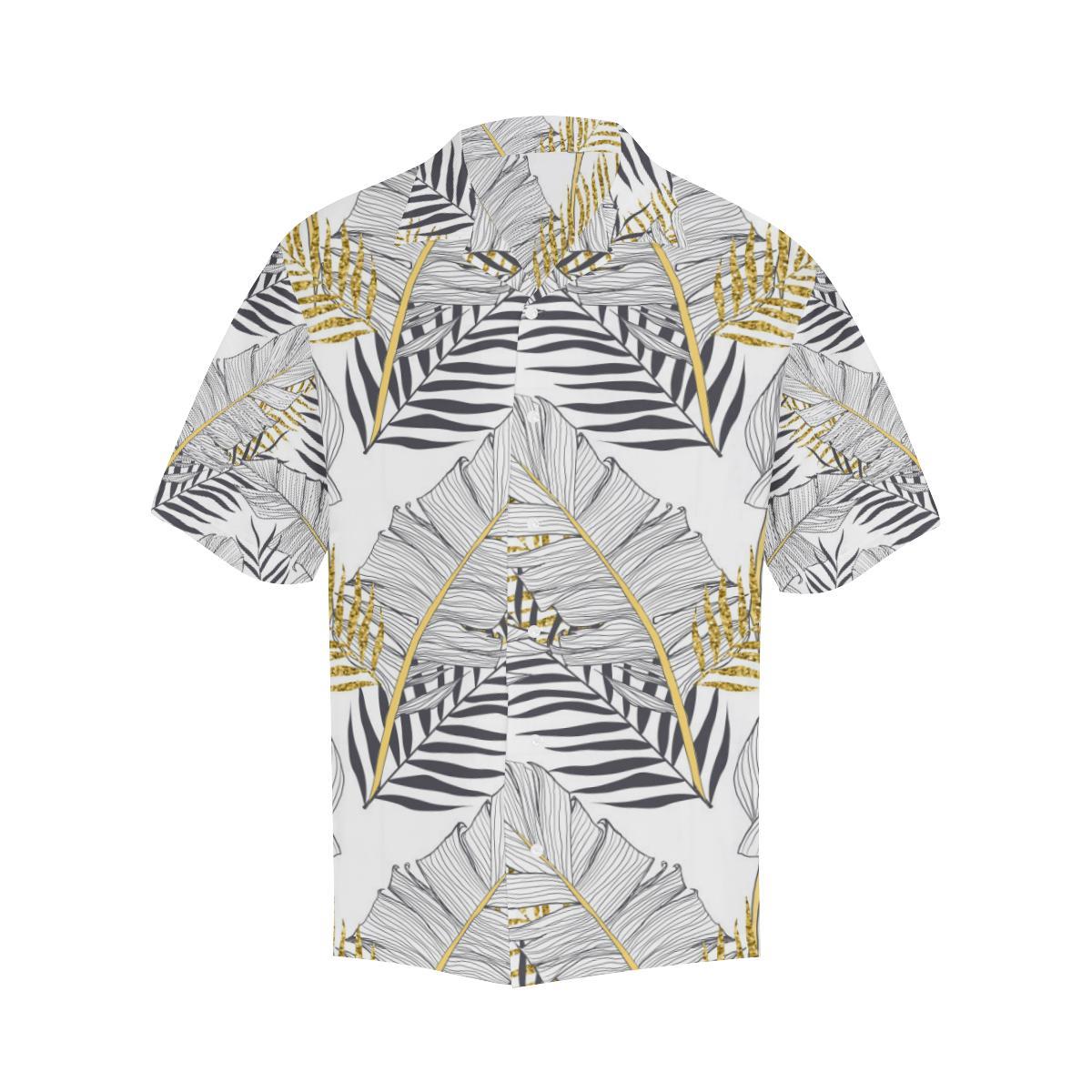 Gold Glitter Tropical Palm Leaves Men Aloha Hawaiian Shirt