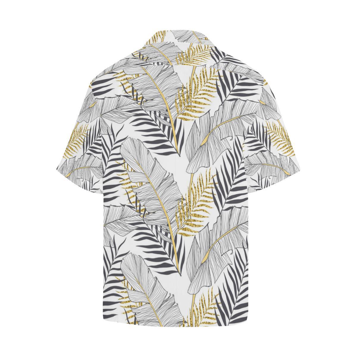 Gold Glitter Tropical Palm Leaves Men Aloha Hawaiian Shirt