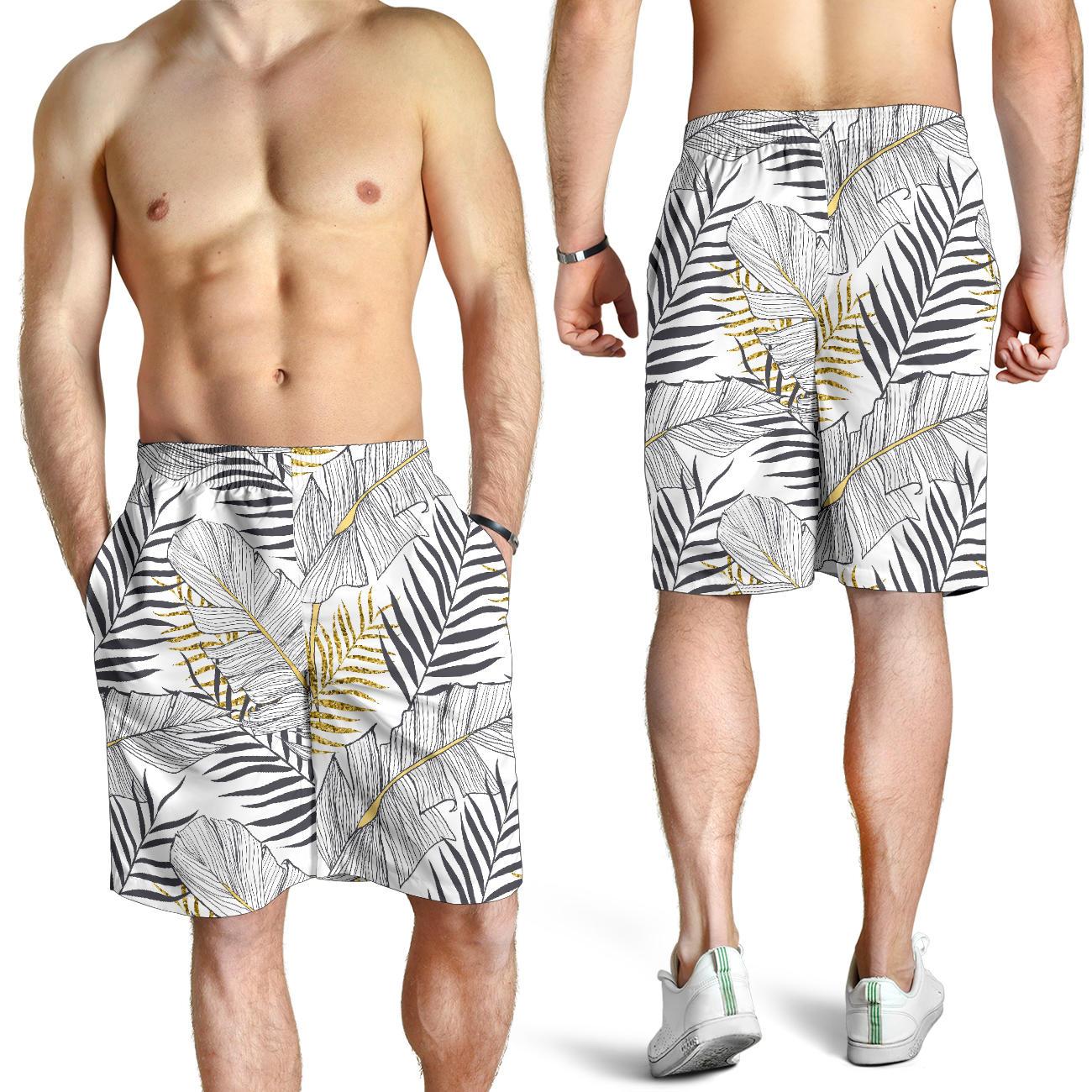 Gold Glitter Tropical Palm Leaves Mens Shorts-JTAMIGO.COM
