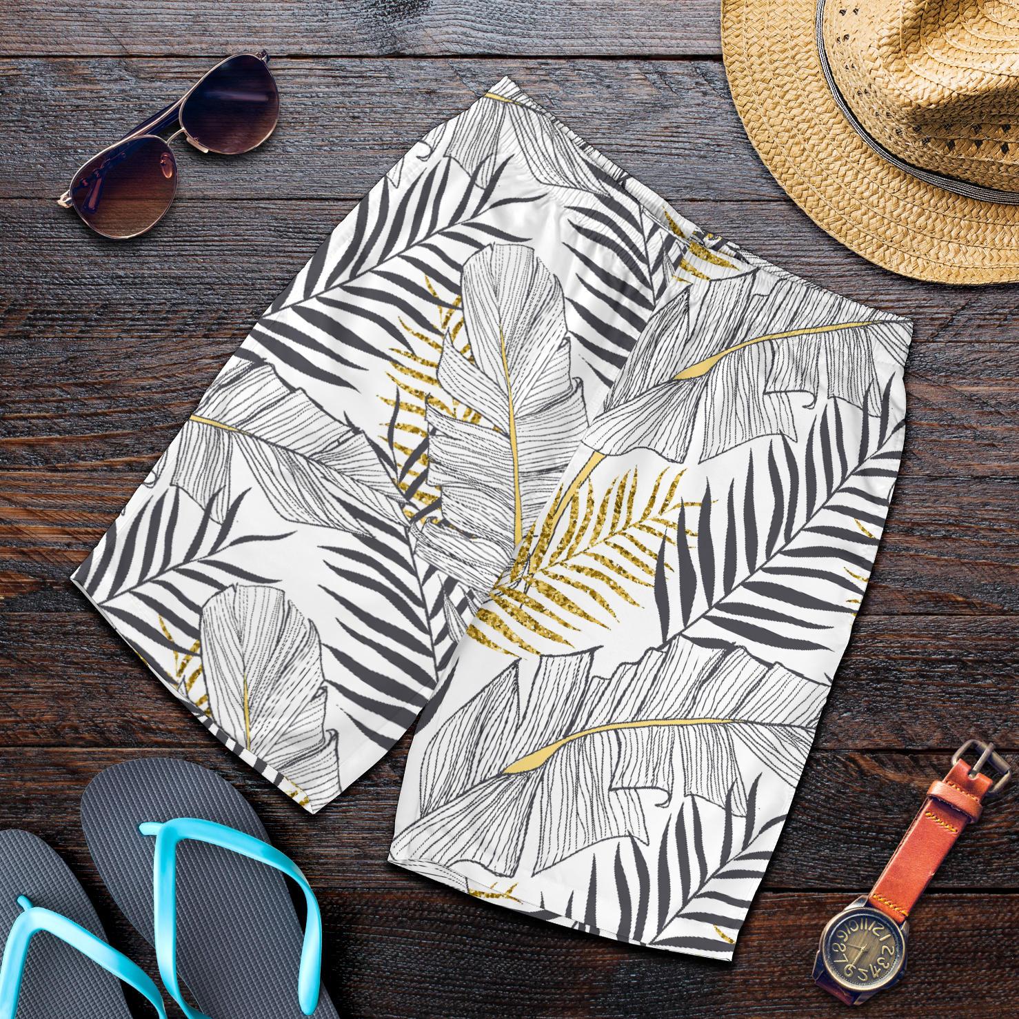 Gold Glitter Tropical Palm Leaves Mens Shorts-JTAMIGO.COM