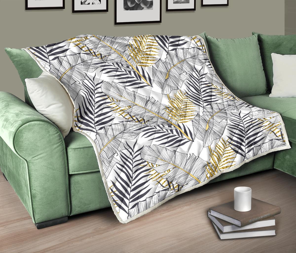 Gold Glitter Tropical Palm Leaves Premium Quilt-JTAMIGO.COM