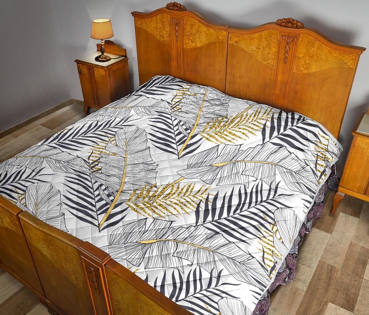 Gold Glitter Tropical Palm Leaves Premium Quilt-JTAMIGO.COM