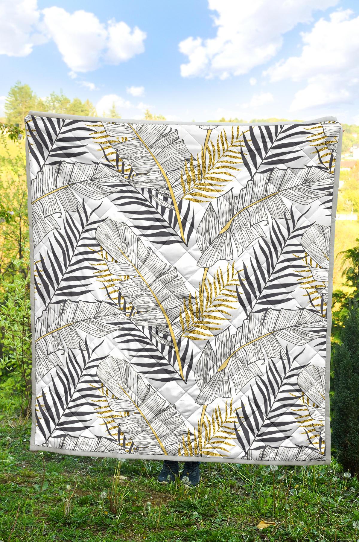 Gold Glitter Tropical Palm Leaves Premium Quilt-JTAMIGO.COM
