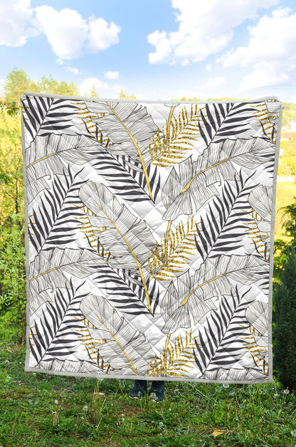 Gold Glitter Tropical Palm Leaves Premium Quilt-JTAMIGO.COM
