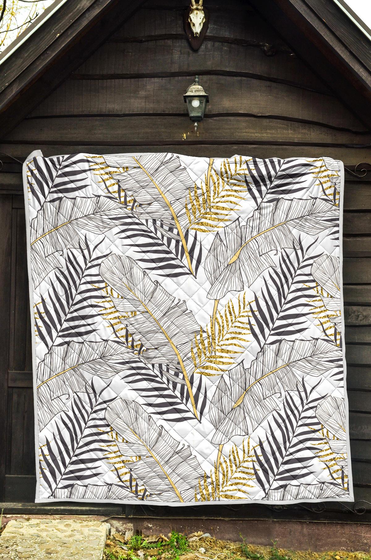 Gold Glitter Tropical Palm Leaves Premium Quilt-JTAMIGO.COM