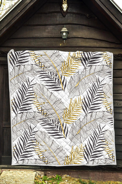 Gold Glitter Tropical Palm Leaves Premium Quilt-JTAMIGO.COM