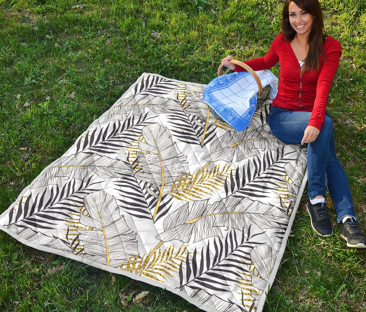 Gold Glitter Tropical Palm Leaves Premium Quilt-JTAMIGO.COM