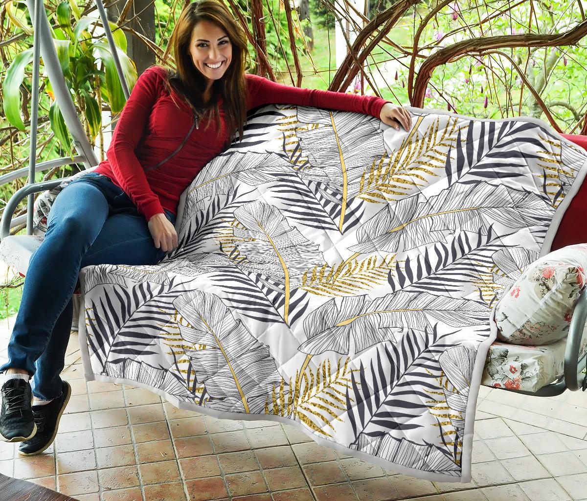 Gold Glitter Tropical Palm Leaves Premium Quilt-JTAMIGO.COM