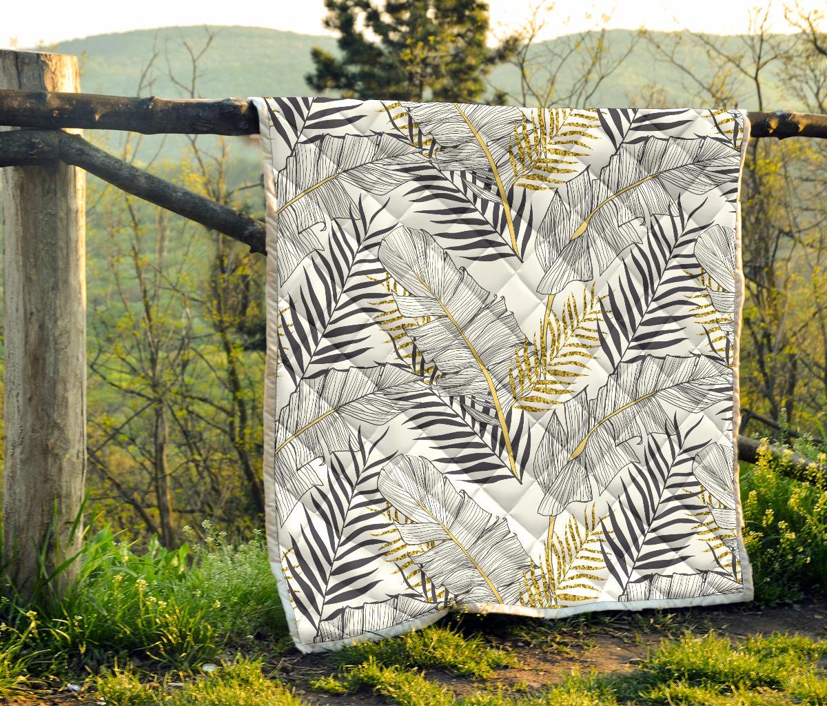 Gold Glitter Tropical Palm Leaves Premium Quilt-JTAMIGO.COM