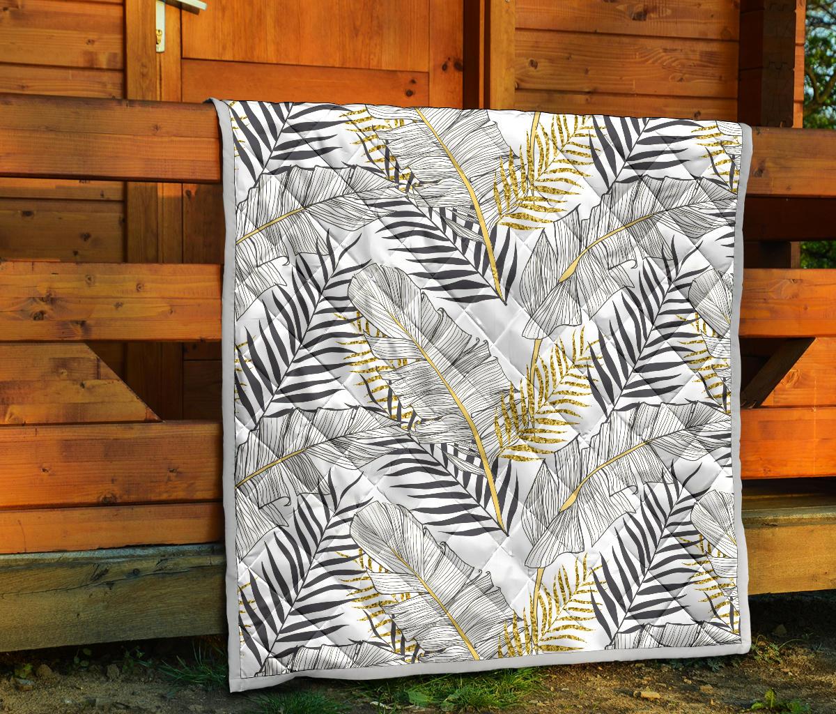 Gold Glitter Tropical Palm Leaves Premium Quilt-JTAMIGO.COM