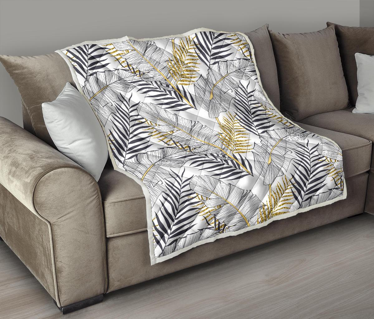 Gold Glitter Tropical Palm Leaves Premium Quilt-JTAMIGO.COM