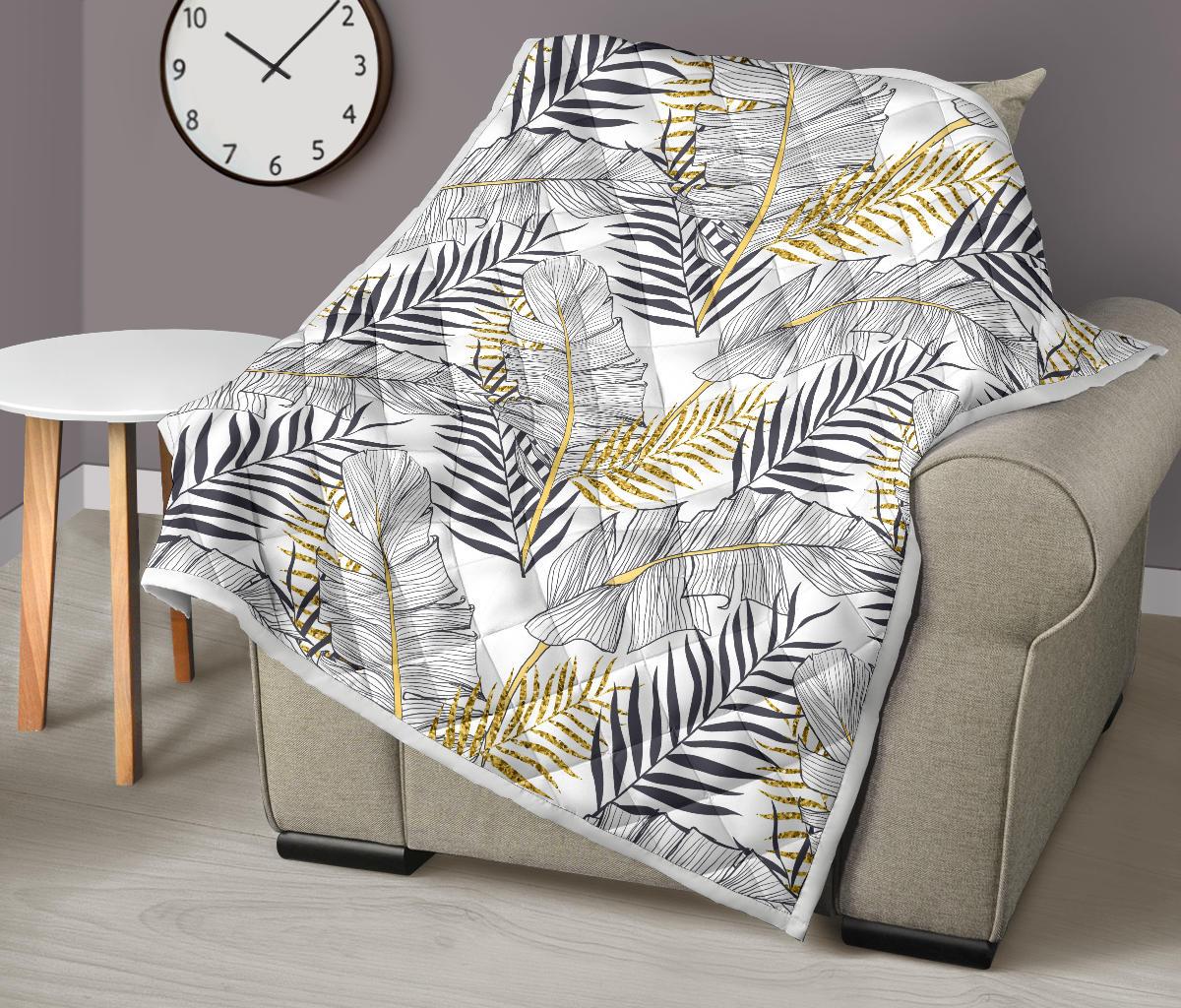 Gold Glitter Tropical Palm Leaves Premium Quilt-JTAMIGO.COM