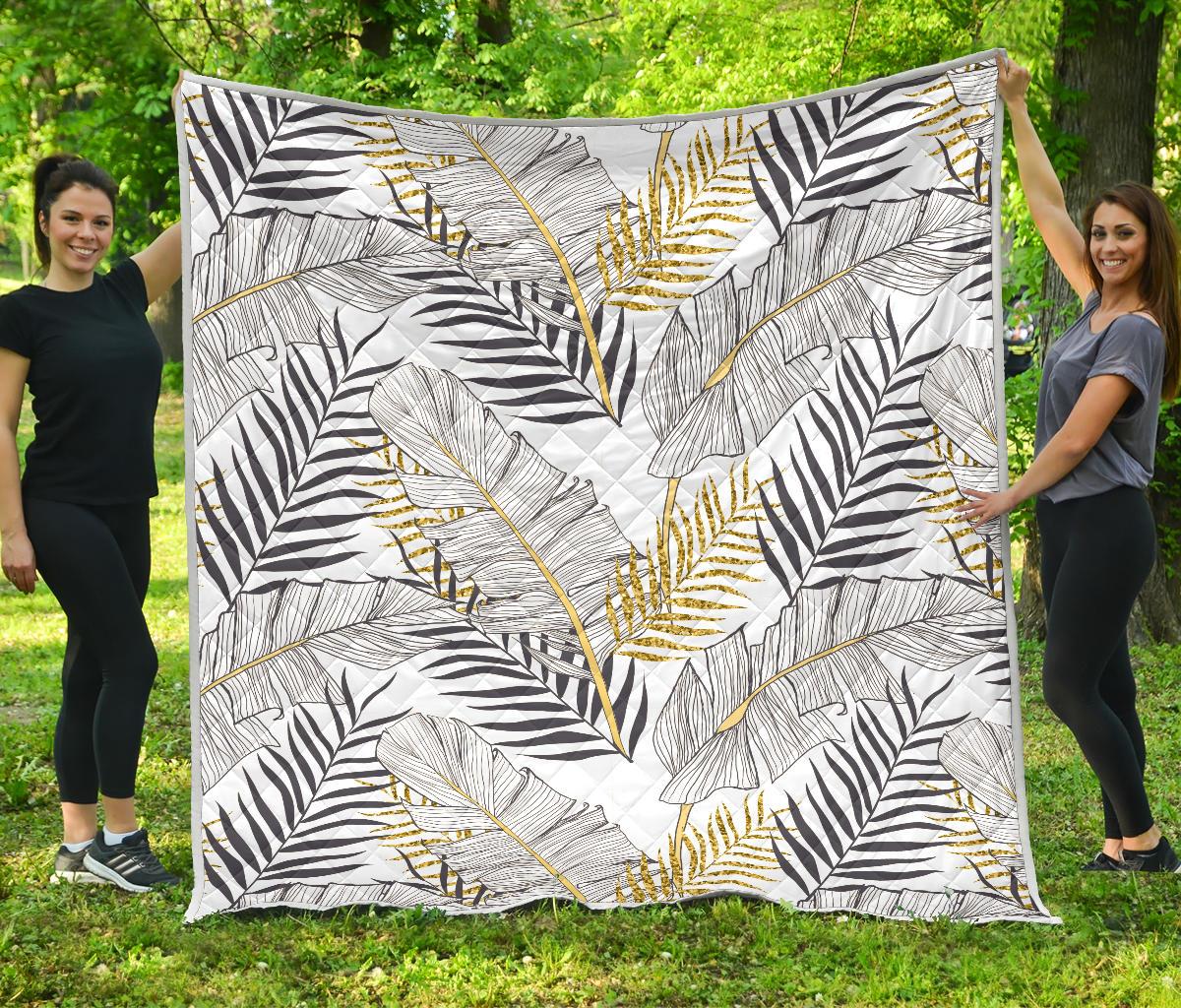 Gold Glitter Tropical Palm Leaves Premium Quilt-JTAMIGO.COM