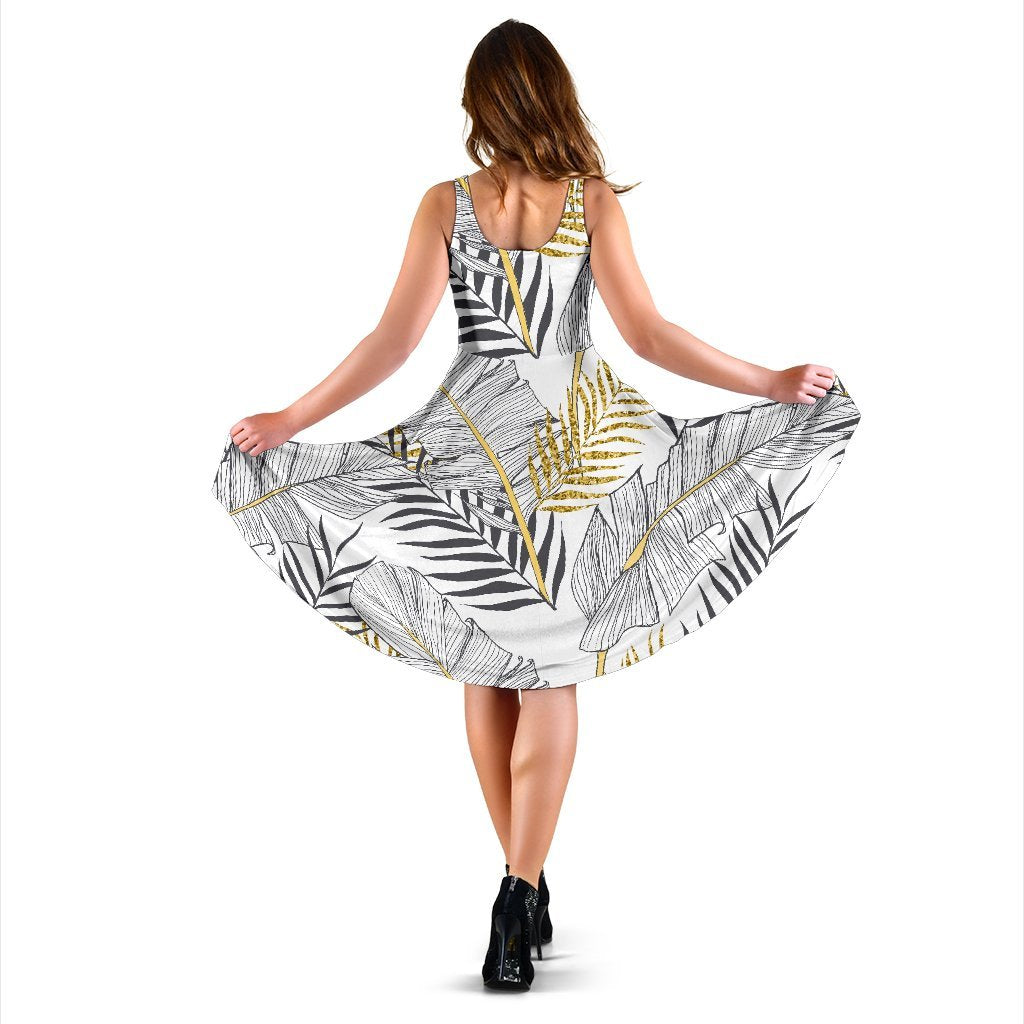 Gold Glitter Tropical Palm Leaves Sleeveless Dress