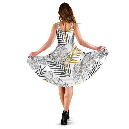 Gold Glitter Tropical Palm Leaves Sleeveless Dress