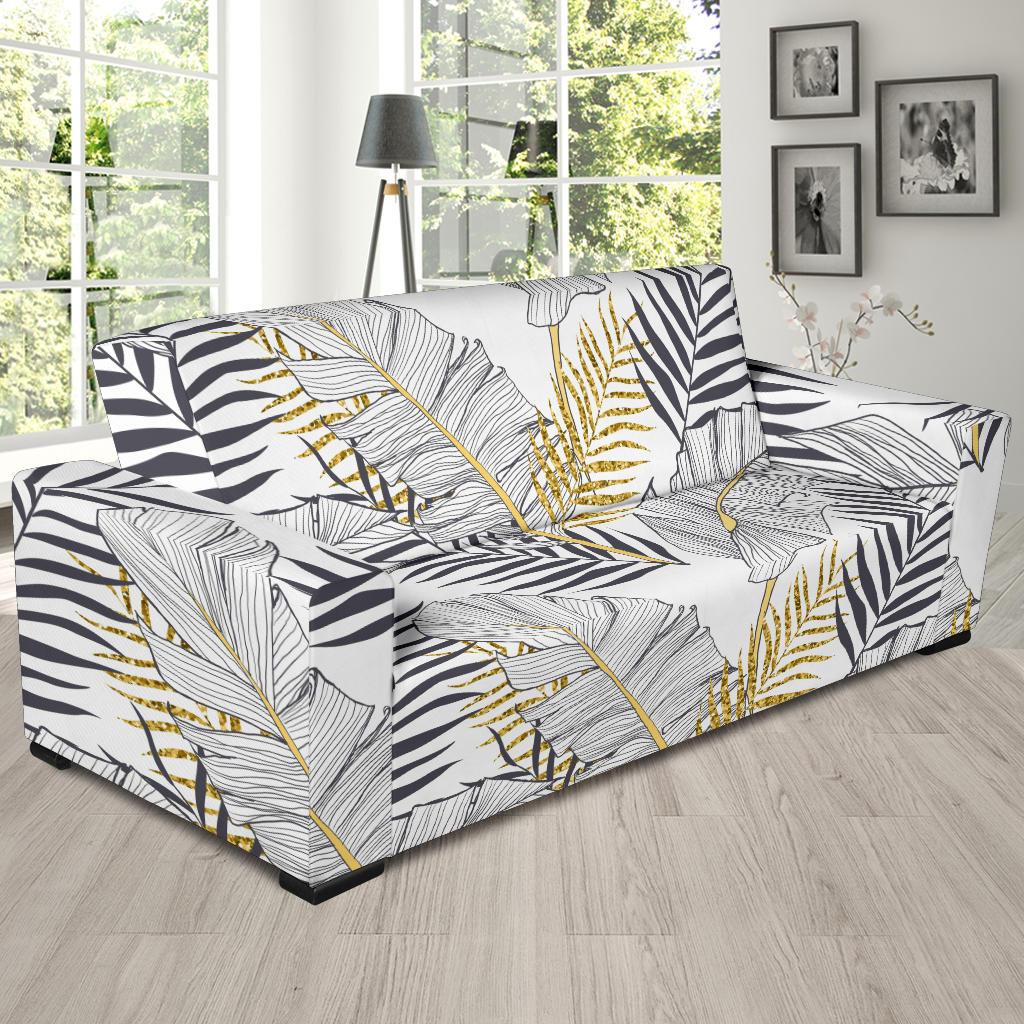 Gold Glitter Tropical Palm Leaves Sofa Slipcover-JTAMIGO.COM