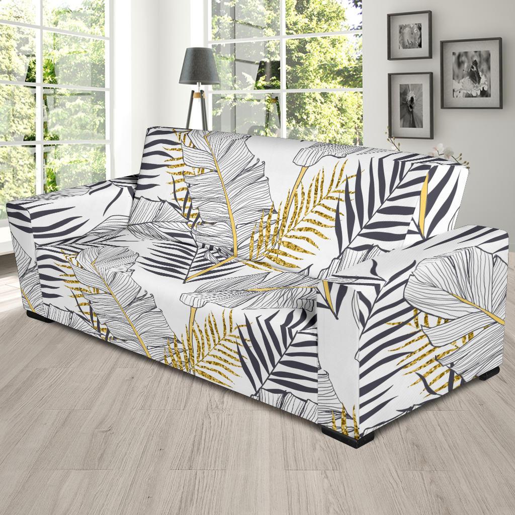 Gold Glitter Tropical Palm Leaves Sofa Slipcover-JTAMIGO.COM