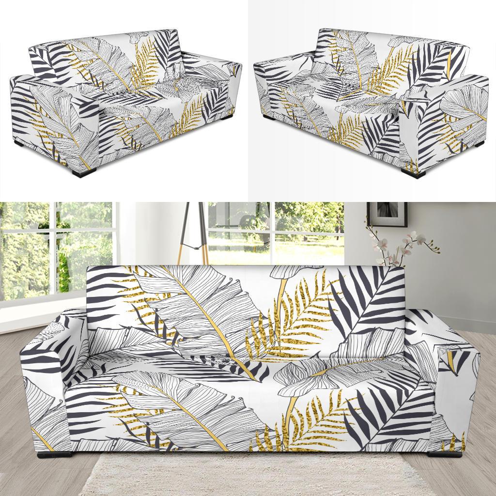 Gold Glitter Tropical Palm Leaves Sofa Slipcover-JTAMIGO.COM