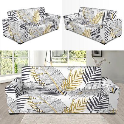 Gold Glitter Tropical Palm Leaves Sofa Slipcover-JTAMIGO.COM