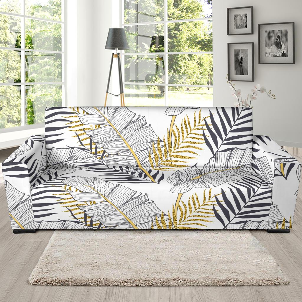 Gold Glitter Tropical Palm Leaves Sofa Slipcover-JTAMIGO.COM