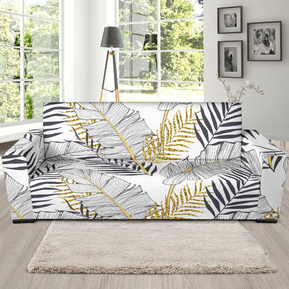 Gold Glitter Tropical Palm Leaves Sofa Slipcover-JTAMIGO.COM