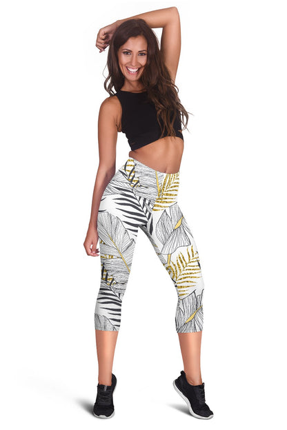 Gold Glitter Tropical Palm Leaves Women Capris