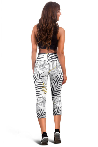 Gold Glitter Tropical Palm Leaves Women Capris