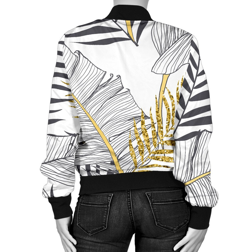 Gold Glitter Tropical Palm Leaves Women Casual Bomber Jacket
