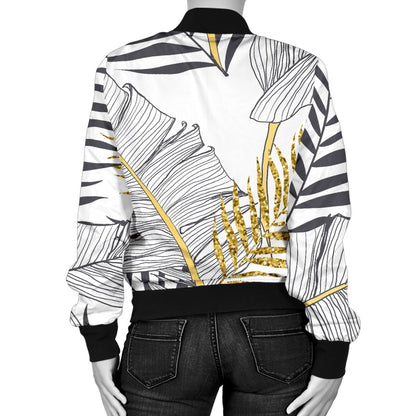 Gold Glitter Tropical Palm Leaves Women Casual Bomber Jacket