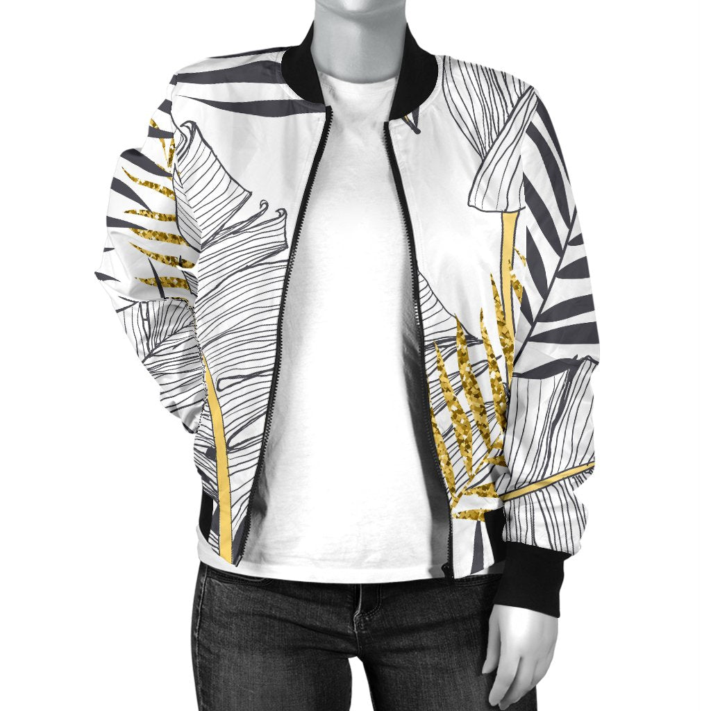 Gold Glitter Tropical Palm Leaves Women Casual Bomber Jacket