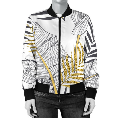 Gold Glitter Tropical Palm Leaves Women Casual Bomber Jacket