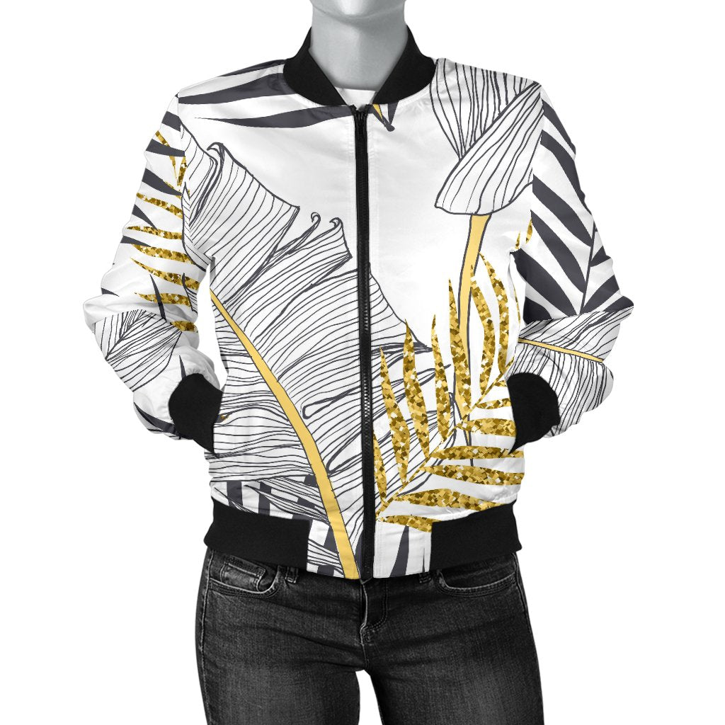 Gold Glitter Tropical Palm Leaves Women Casual Bomber Jacket