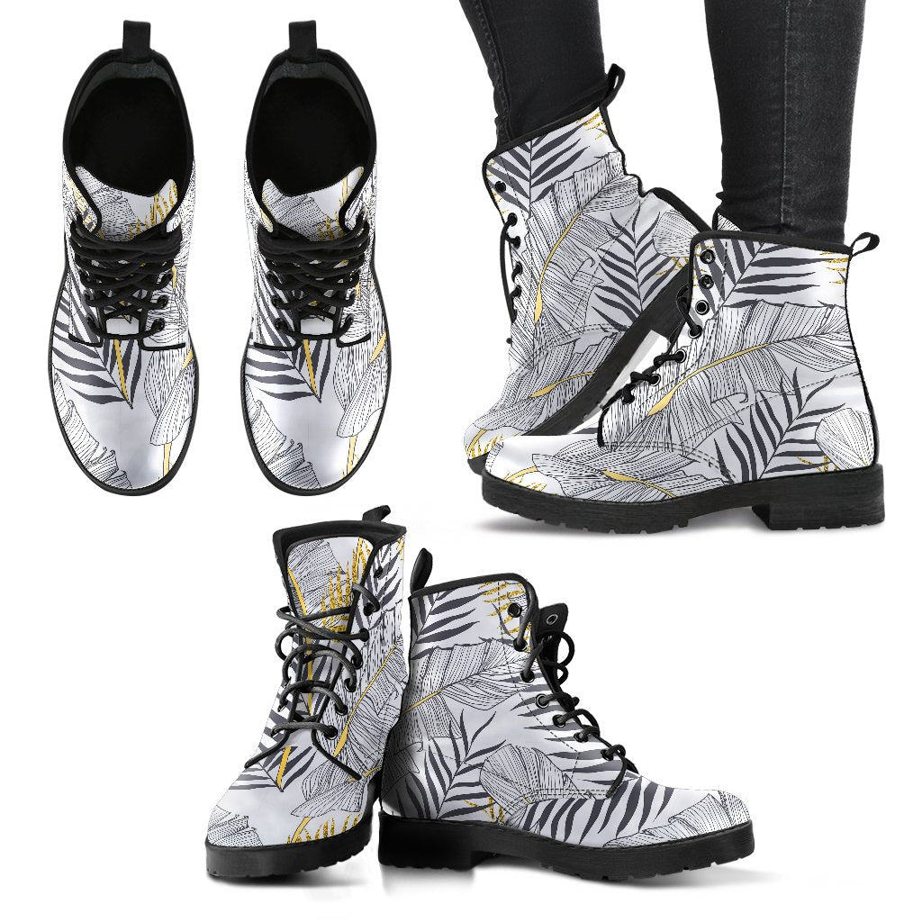 Gold Glitter Tropical Palm Leaves Women Leather Boots-JTAMIGO.COM