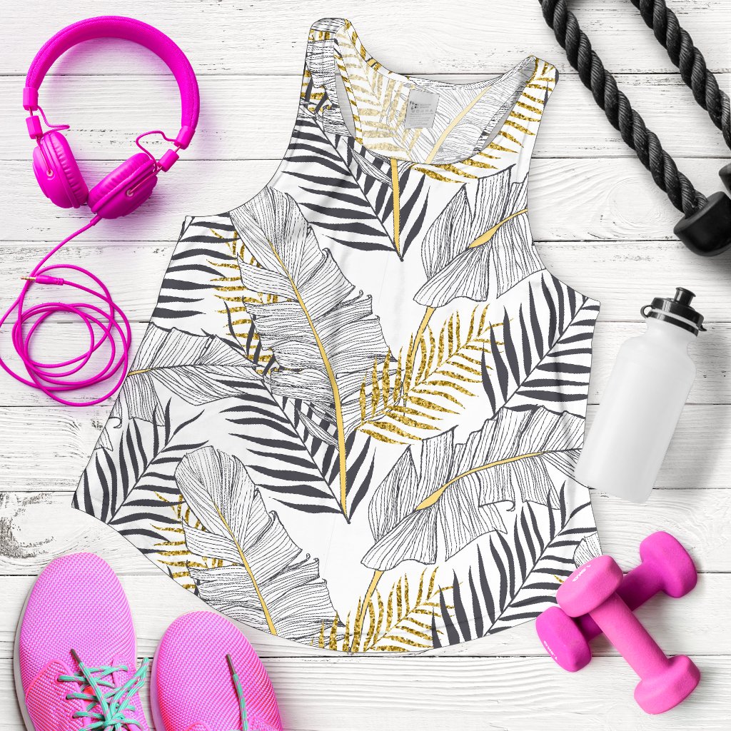 Gold Glitter Tropical Palm Leaves Women Racerback Tank Top
