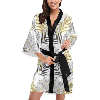 Gold Glitter Tropical Palm Leaves Women Short Kimono Robe