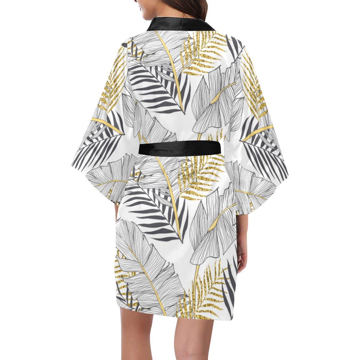 Gold Glitter Tropical Palm Leaves Women Short Kimono Robe