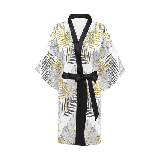 Gold Glitter Tropical Palm Leaves Women Short Kimono Robe